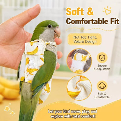 Bird Diaper and Leash Set with Harness, Monk Parakeet/Caique/Senegal Parrot Diapers with Harness, Pet Bird Flight Suit Set for Outdoor Flying & Training (L)