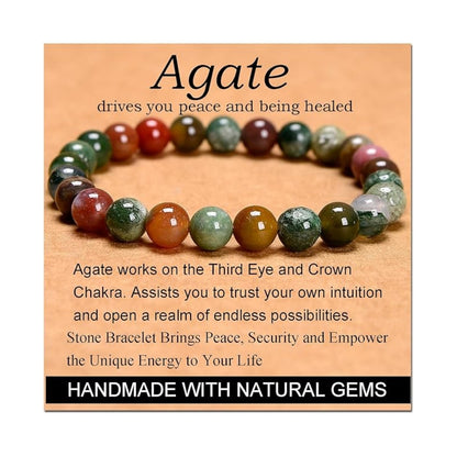 CHELYQST Indian Agate Bracelet - Stone of Peace and Being Healed,Stretch Natural Stone Crystal Beads Jewelry Gifts for Women Men Unisex Adult,8mm