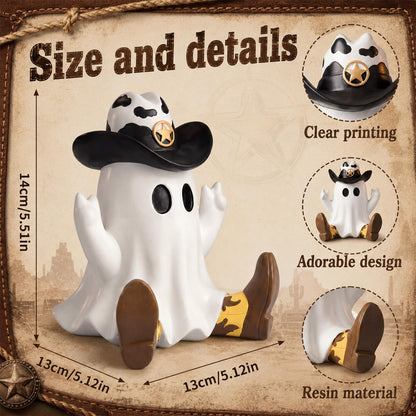 Threehoney Halloween Ghost Figurine Cowboy Spooky Resin Ghost Statue Decoration with Hat and Boots Cute Funny Western Cowboy Figurine for Table Shelf Indoor Decor(Sitting Posture)