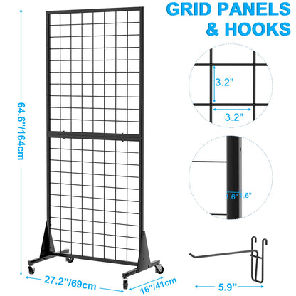 QKOSMTL 2-Pack Gridwall Panel Display Stand, 2'x5.5' Heavy Duty Floor Standing Rack with Detachable Girdwall, Movable Silent Wheel, Easy to Transport, Ideal for Retail & Craft Fairs
