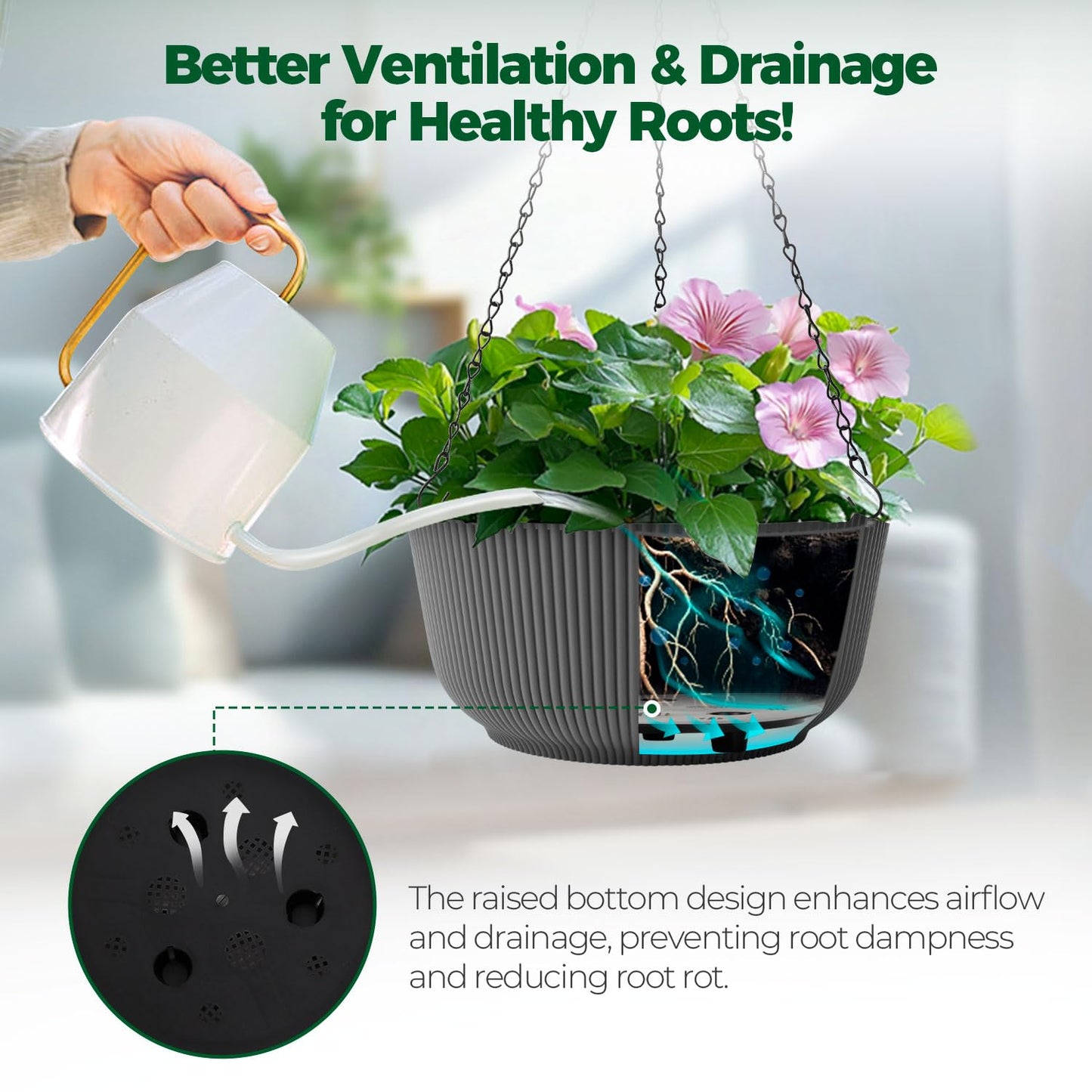 T4U 10 Inch Hanging Planters for Indoor Outdoor Plants, Hanging Plant Pot Pack of 2, Self Watering Hanging Pots with Drainage Hole & Plug & Chain with 3 Hooks for Garden Home Decor, Grey