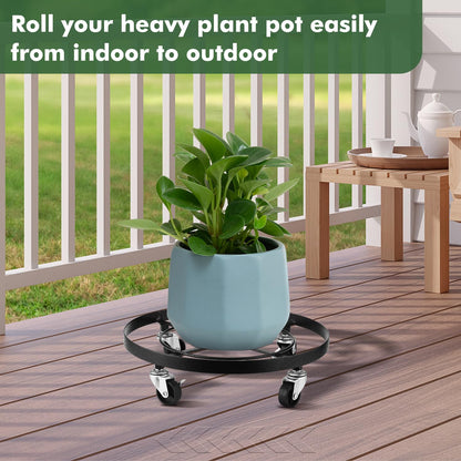 3 Packs Large Metal Plant Caddy 12.6” Plant Dolly with Wheels Heavy-duty Wrought Iron Rolling Wheeled Plant Stand with Casters for Indoor and Outdoor Plant Pot Rollers, 12" Clear Plant Saucers Included