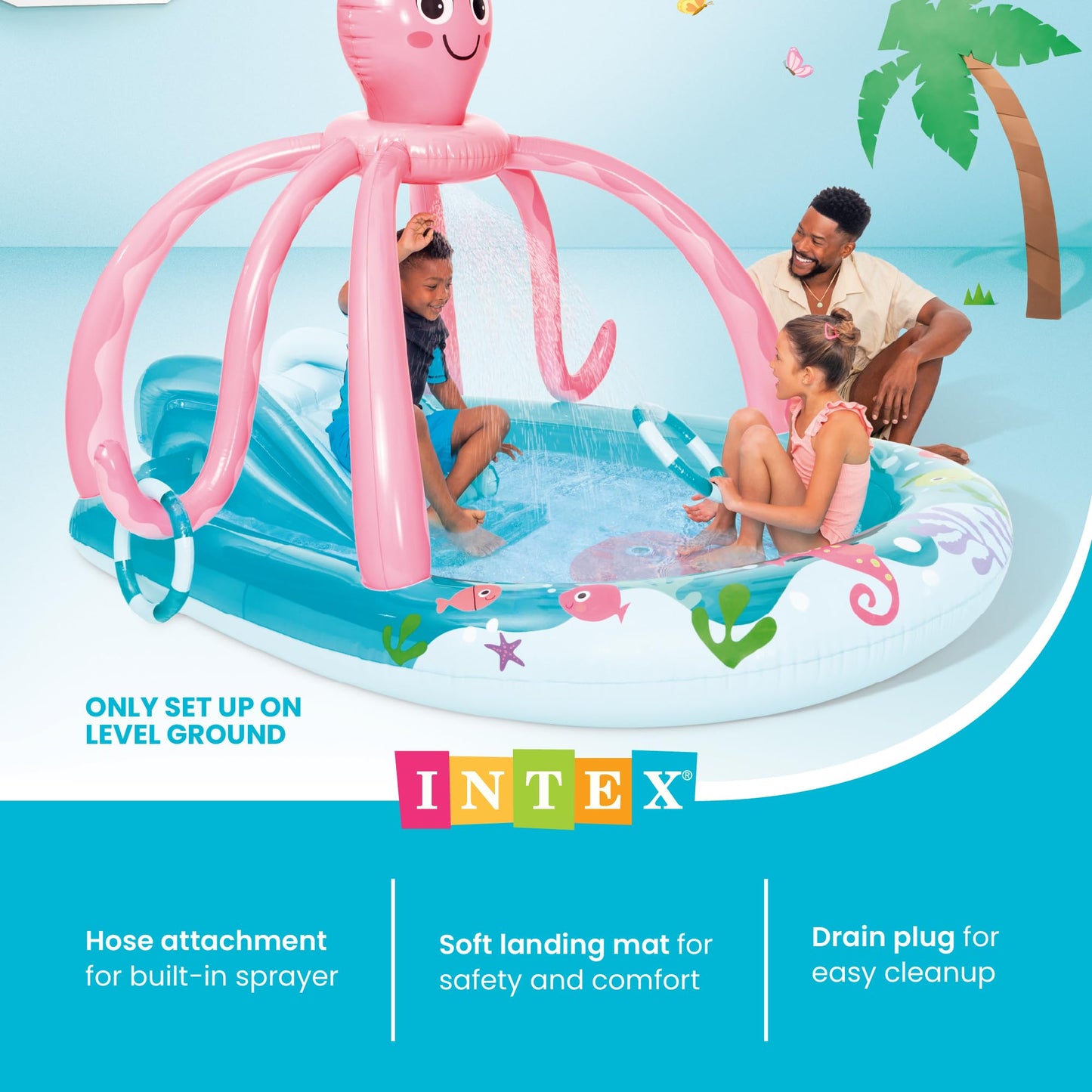INTEX Friendly Octopus Inflatable Kiddie Pool: Inflatable Kids Pool with Water Sprayer and Slide – Splash Pad – 92" x 72" x 59" – Ages 3+