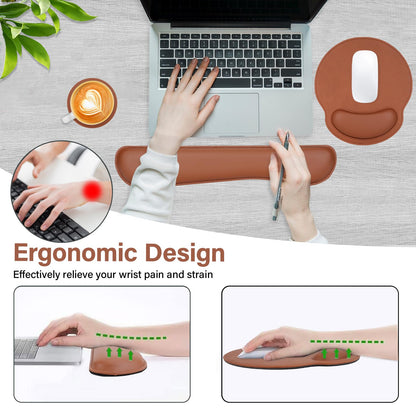 MOSISO Wrist Rest Support for Mouse Pad & Keyboard Set, Ergonomic PU Leather Keyboard and Mousepad with Wrist Rest&Coaster Non-Slip Base Home/Office Easy Typing Cushion with Raised Memory Foam, Brown