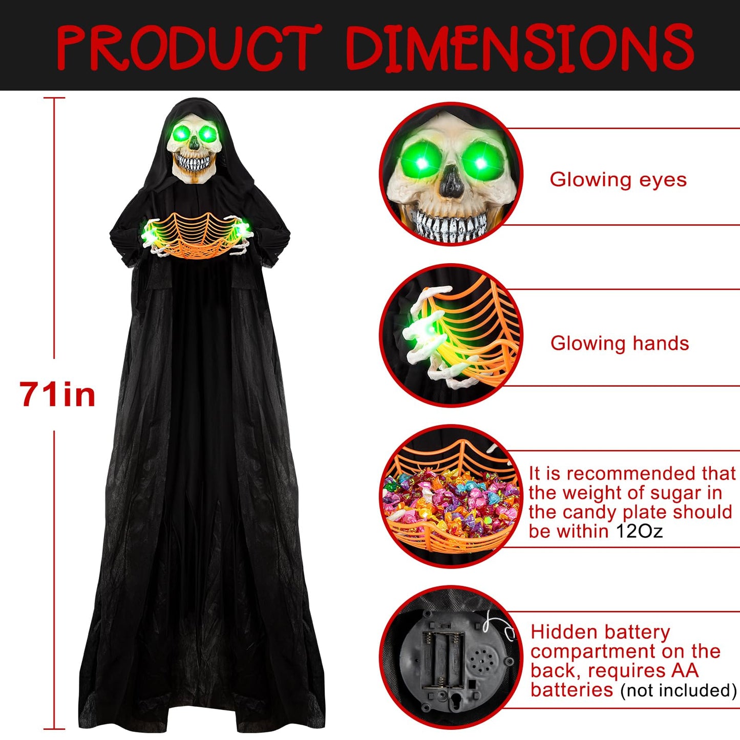 71” Halloween Hanging Animated Skeleton Ghost Decoration with Sound Activated, Candy Dish, Glowing Eyes, Spooky Sounds for Halloween Haunted House Prop and Party Decor, Indoor/Outdoor Display