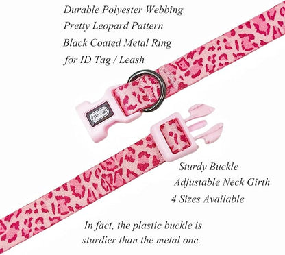 Dog Collar Leash Set, Leopard Pattern, Polyester Material, Adjustable Collar and 5ft Matching Leash, for Small Dogs.(S, Pink Leopard)