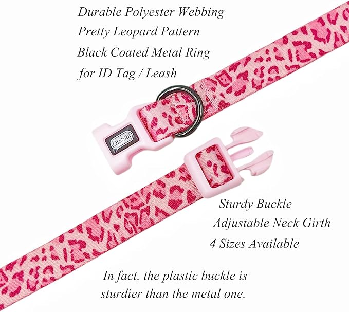 Dog Collar Leash Set, Leopard Pattern, Polyester Material, Adjustable Collar and 5ft Matching Leash, for Large Dogs.(L, Pink Leopard)