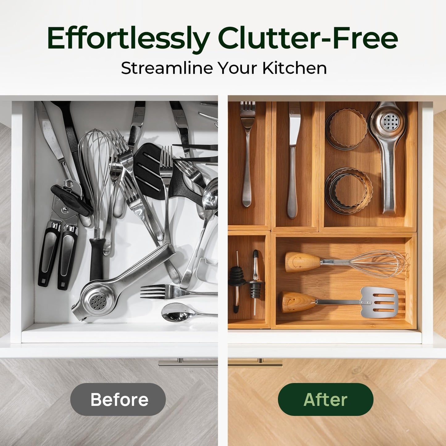 Carbonized Bamboo Kitchen Drawer Organizer, 8 Slots Silverware Organizer, Utensil Holder & Cutlery Tray, 2.2" Deep for Extra Capacity, Non-Slip Feet Included