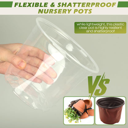 HKKZYT 4/6/8/10 Inch Large Size Clear Nursery Pots for Plants, 16 Pack Plastic Plant Pots with Drainage Holes, Durable Seedling Starter Pot for Succulents Flowers Herb Vegetables