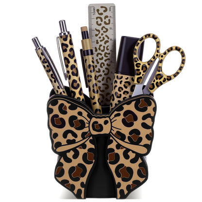 Tenceur Leopard Print Bow Holder for Desk Large Capacity Bow Wooden Pencil Holder Coquette Supplies Desk Organizer Cute Teacher Office Decor Makeup Brush Holders Back to School Gift for Girls Women