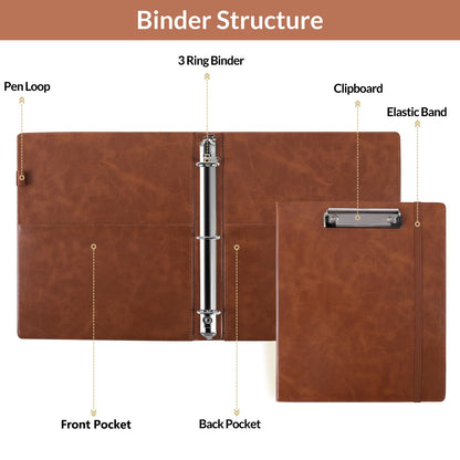 SKYDUE 3 Ring Binder with Clipboard,1 Inch Binder, 13.2" × 10.2" PU Clipboard Binder with Notepad & 5 Dividers with 5 Pockets, Labels, Clipboard Folder Great for School Office(Fit Letter Sized Paper)