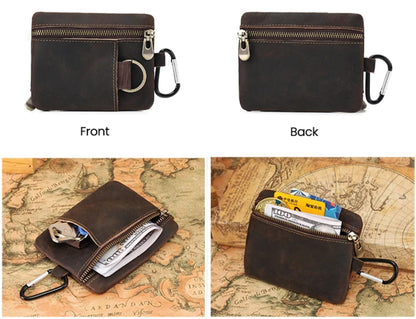 Men Genuine Top Grain Cow Leather Coin Purse with Key Ring & Clip. Retro Slim Minimalist Wallet Card Case (Coffee)