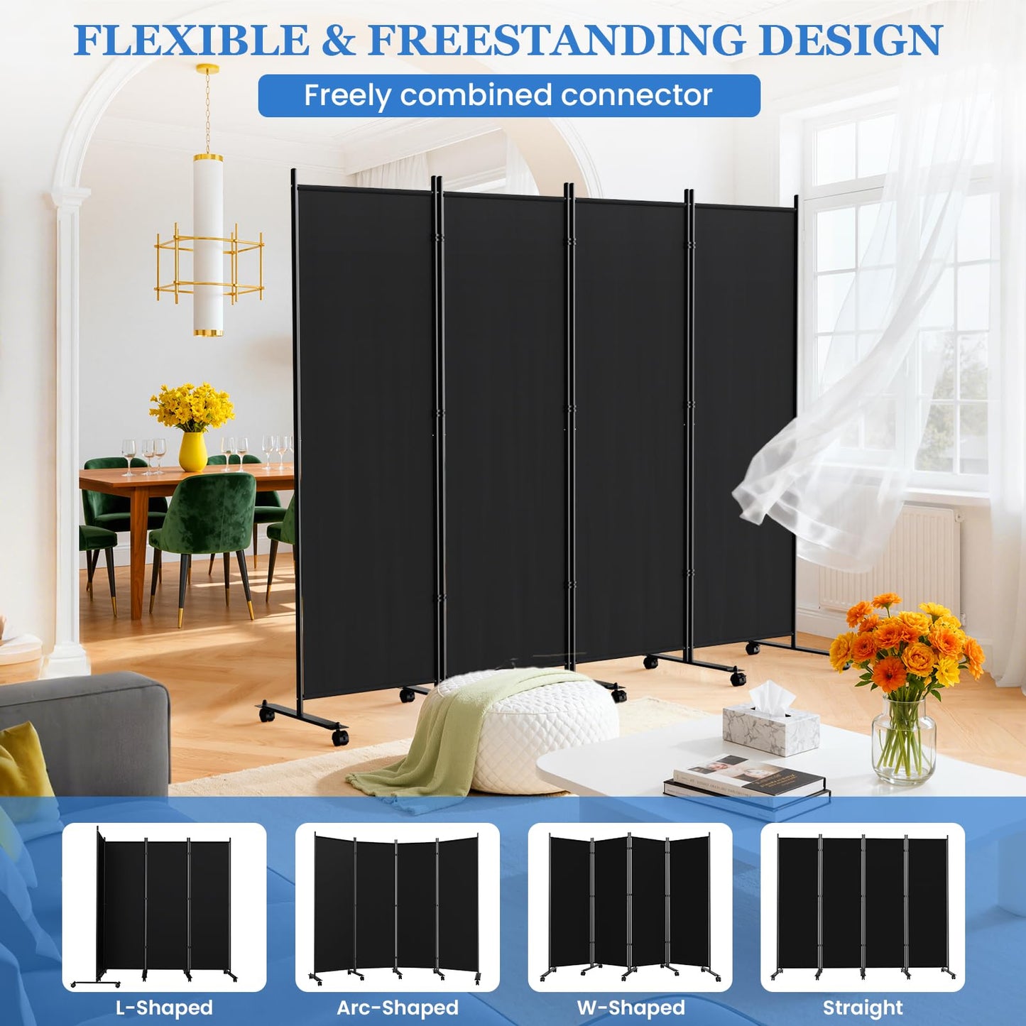 SUNALLY Room Divider 6FT Folding Privacy Screens with Lockable Wheels, 4 Panel Room Partition for Room Separator, 88" W Freestanding Portable Fabric Wall Dividers for Home Dorm Studio Office, Black