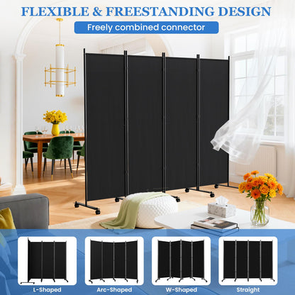 SUNALLY Room Divider 6FT Folding Privacy Screens with Lockable Wheels, 4 Panel Room Partition for Room Separator, 88" W Freestanding Portable Fabric Wall Dividers for Home Dorm Studio Office, Black