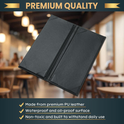 AMGSH 12 Pack 4 View Menu Holder Menu Covers 4.25" x 11" | Black Leather Menu Sleeves Book Style for Restaurant Coffee Bars Wine List