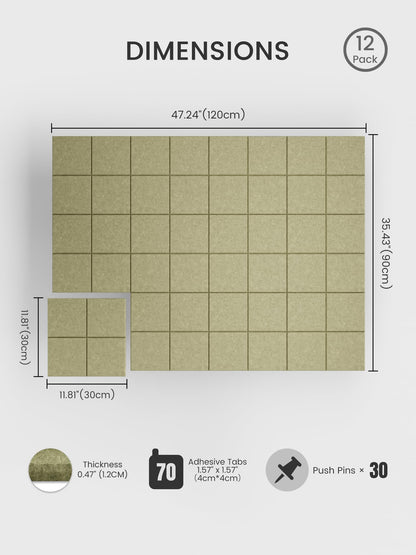 Bumusty Large Felt Bulletin Board, 48" x 36" Cork Board Alternative, 12-Pack Wall Tiles with 4-Compartment Design, 30 Push Pins, 70 Adhesive Tabs, Ideal for Office & Home Decor, Olive Green