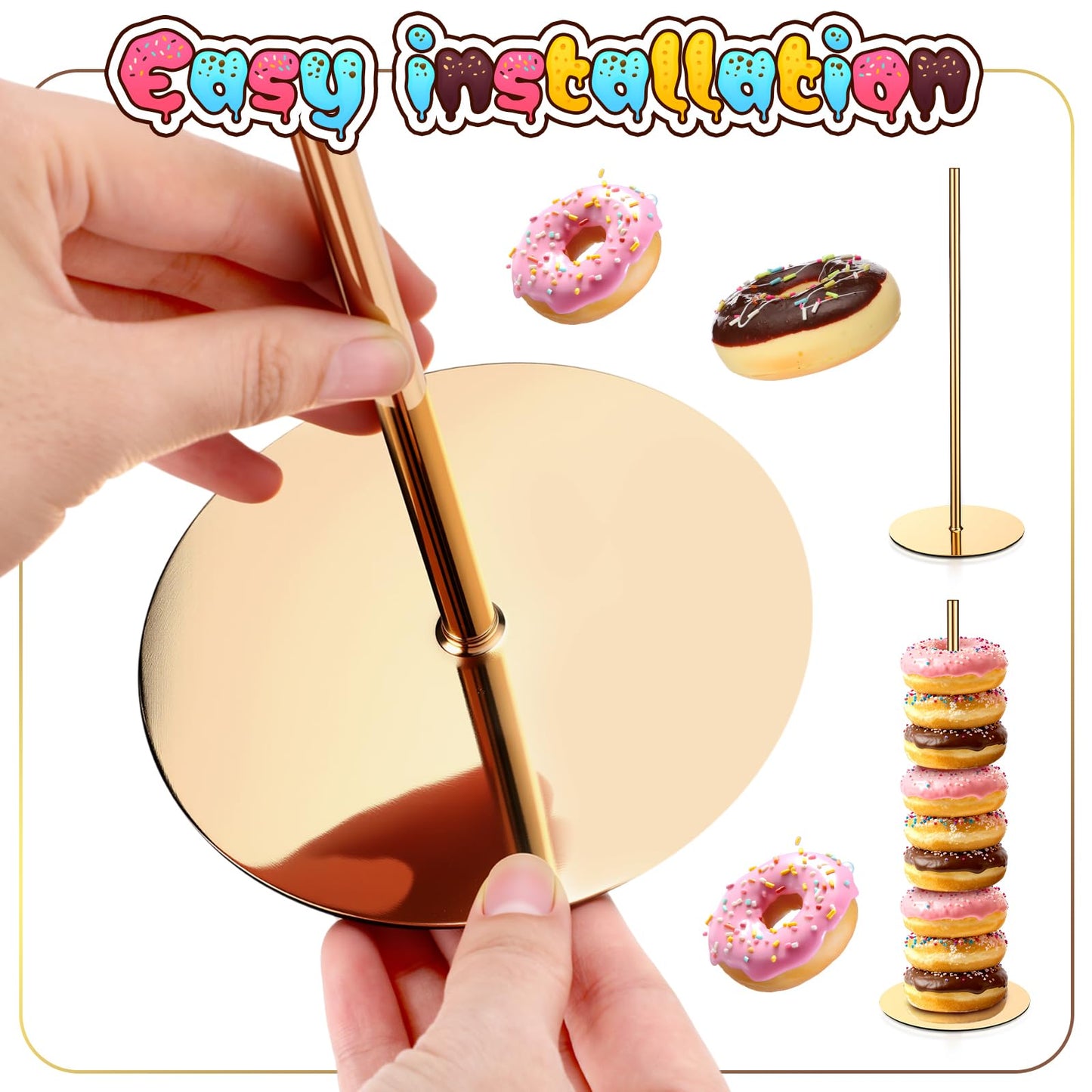 Otoolling 2 Pcs Metal Donut Display Stand Tower Bagel Holder Cake Stand Dessert Table Doughnut Holder Display Tower for Birthday Wedding Party and Donut Themed Party Decorations (Gold)