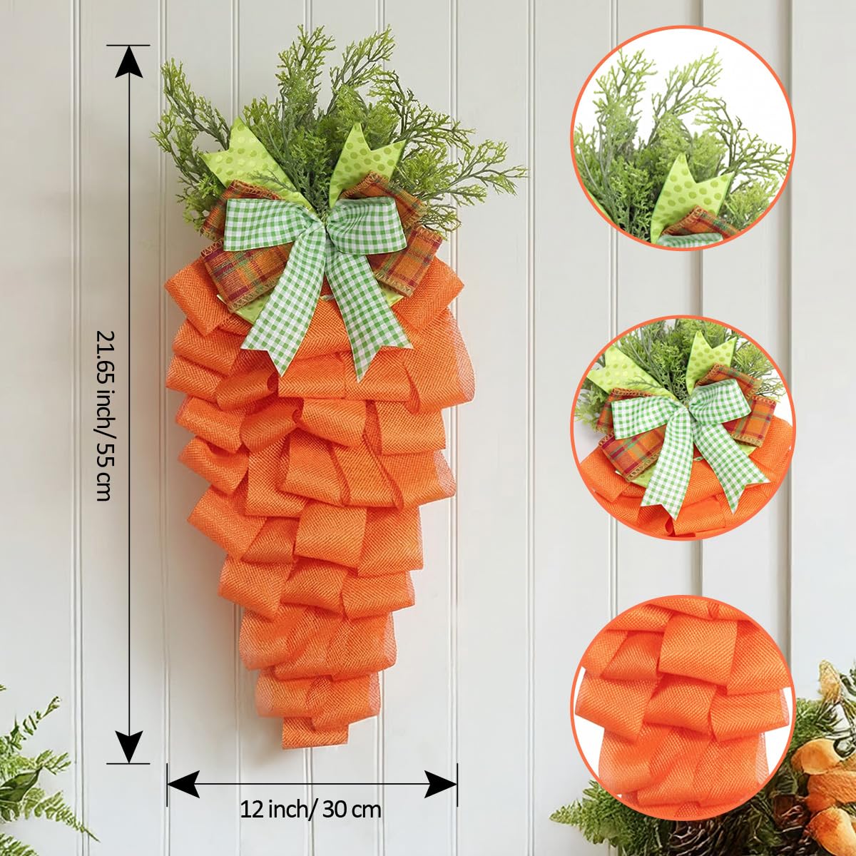 Easter Carrot Wreath Spring Decoration for Front Door, Rustic Stairway Swag Garland with Bow for Window Decor Party Supplies