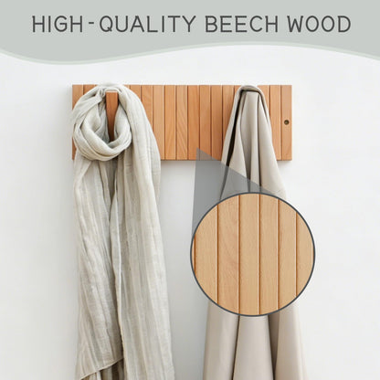 VelnixArvone Wall Mounted Piano Coat Rack, Decorative Wooden Wall Hooks with Fold-Away Design, 9 Flip-Down Coat Hooks for Entryway, Bedroom, Laundry Room (Natural Beech)