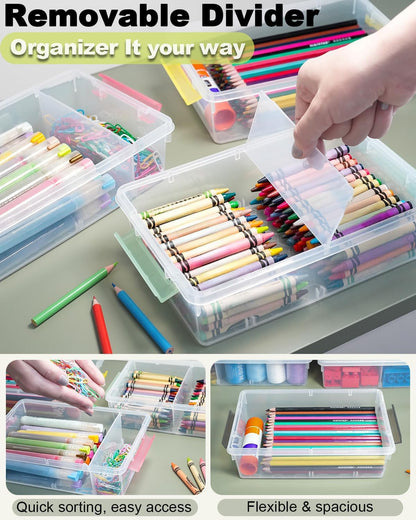 GEOPHIA 12 Pack Extra Large Pencil Box with Removable Divider, Thickened Pencil Case Bulk, Clear Crayon Marker Organizer Stackable Plastic Small Storage Containers for Pen Craft School Supplies, Multi