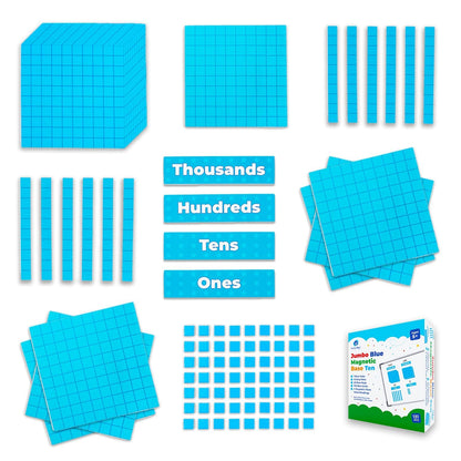Simply magic 131+4 PCS Jumbo Blue Magnetic Base Ten Blocks for Math + Headings - Math Manipulatives, Base 10 Blocks, Place Value Manipulatives Magnets, Counters for Kids, Classroom Must Haves