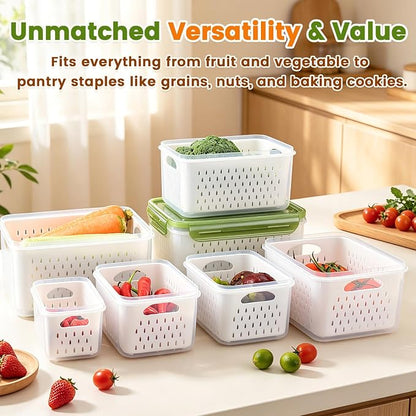 TBMax 8 Pieces Airtight Fruit Storage Containers for Fridge with Air Circulation Vent, 4 Pack Produce Saver with Colander for Berry Lettuce Salad Vegetable Storage, Refrigerator Organizers -Purple