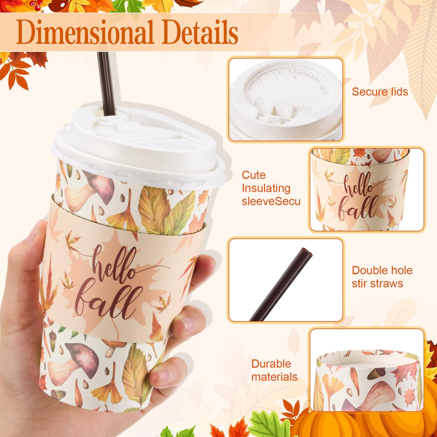 Pickmesh 50 Set Fall Disposable Coffee Cups Sets, 12oz Pumpkin Maple Leaves Thanksgiving Coffee Paper Drinking Cups with Lids, Sleeves and Stirrers for Autumn Fall Harvest Party Supplies
