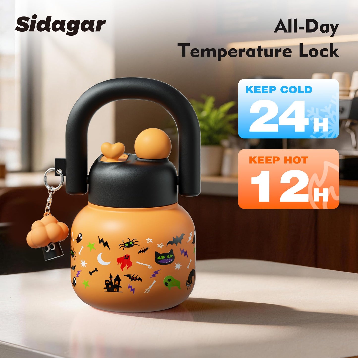 Sidagar 22 oz Tote Water Bottle with Straw and Carry Handle, Wide Mouth Vacuum Insulated Stainless Steel Tumbler, Travel Coffee Cup for Women Easy Carry, Halloween