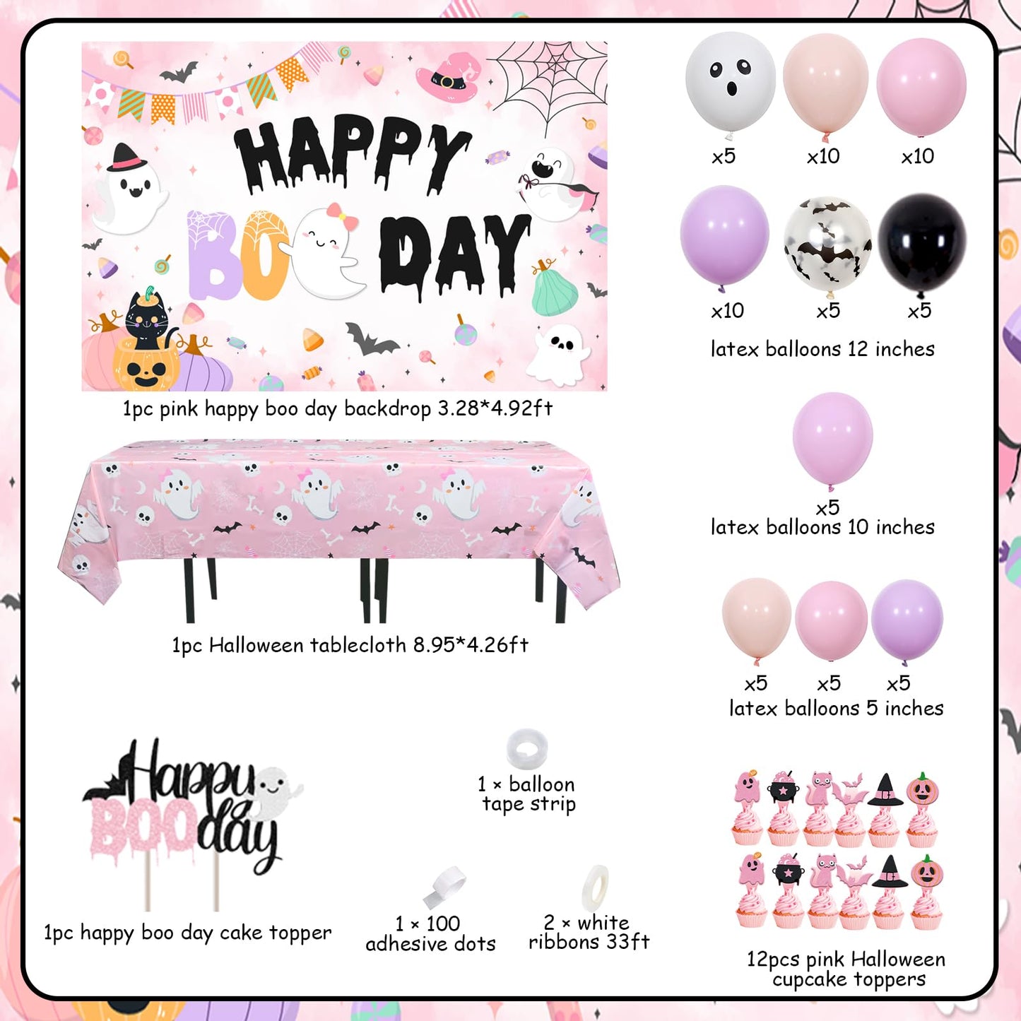 Balterever Happy Boo Day Party Decorations for Girl Pink Black Halloween Birthday Balloon Garland Kit with Happy Boo Day Backdrop Cake Cupcake Toppers Pink Halloween Tablecloth for Girl Bday Party