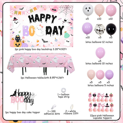 Balterever Happy Boo Day Party Decorations for Girl Pink Black Halloween Birthday Balloon Garland Kit with Happy Boo Day Backdrop Cake Cupcake Toppers Pink Halloween Tablecloth for Girl Bday Party