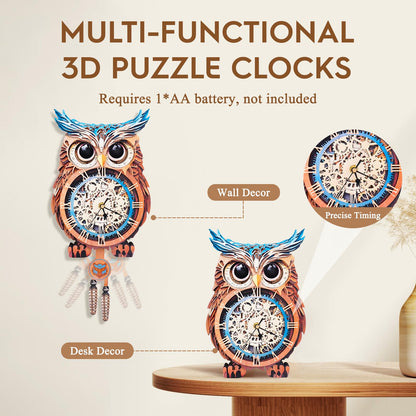 Cutywood 3D Puzzle for Adults-Wooden Owl Clock for Room Decoration, DIY Build Mechanical Wall Clock with Roman Numerals, Personalized Gift for DIY Lovers