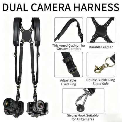YIHAOSSING Camera Harness,Black Camera Straps for Photographers,Leather Dual Camera Strap for Two DSLR/SLR Cameras (black)