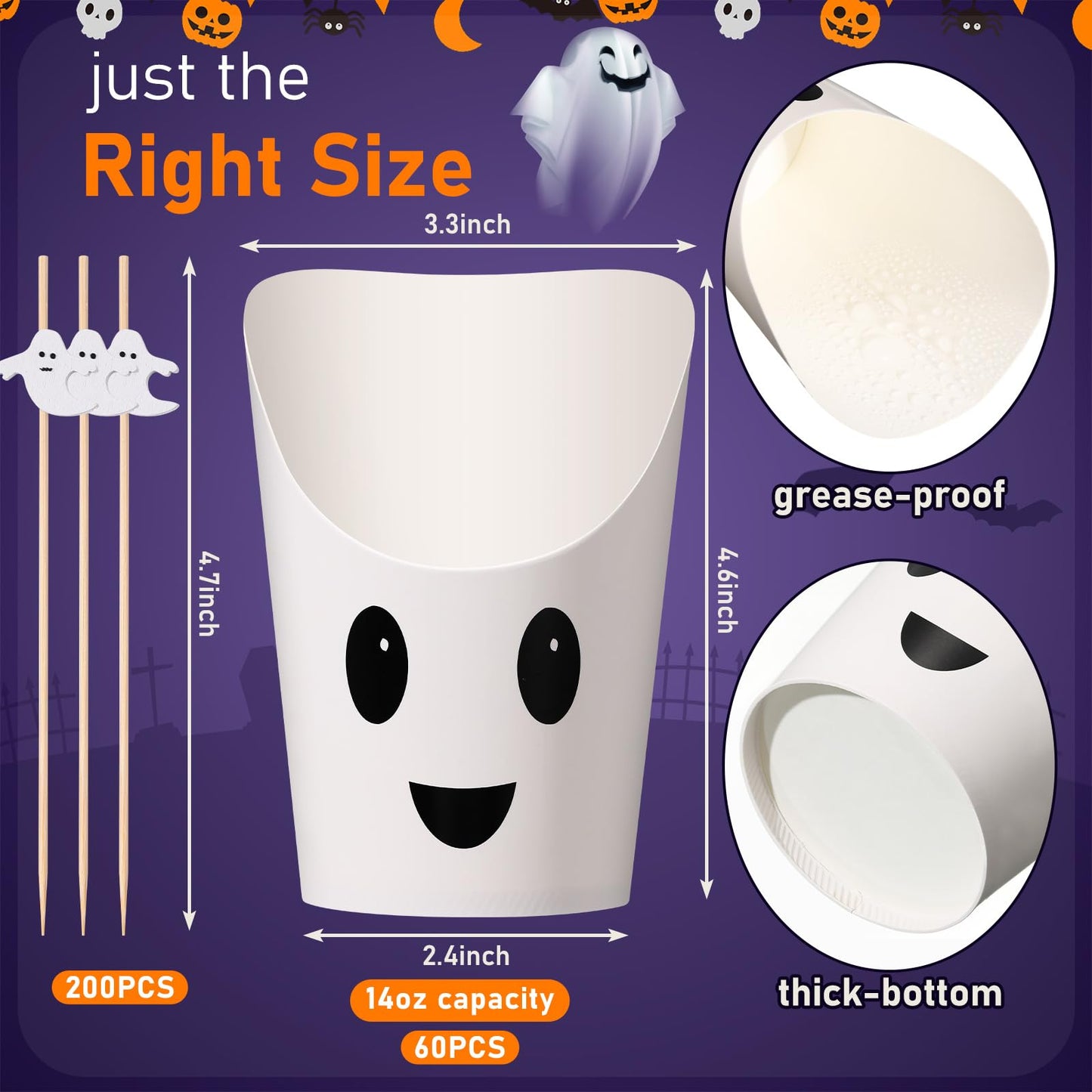 Chengu 260 Pcs Halloween Charcuterie Cups with Picks Sets 60 Pcs 14 oz French paper Appetizer Cups 200 Cocktail Pick Disposable Snack Fruit Stick for Halloween party Decor Supplies(Ghost Style)