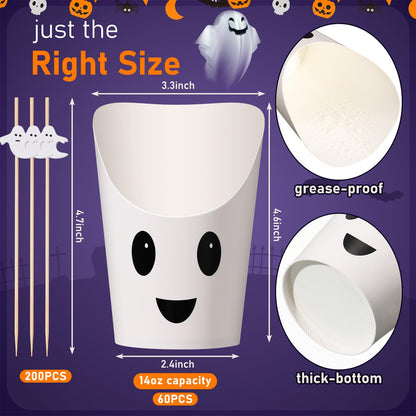 Chengu 260 Pcs Halloween Charcuterie Cups with Picks Sets 60 Pcs 14 oz French paper Appetizer Cups 200 Cocktail Pick Disposable Snack Fruit Stick for Halloween party Decor Supplies(Ghost Style)