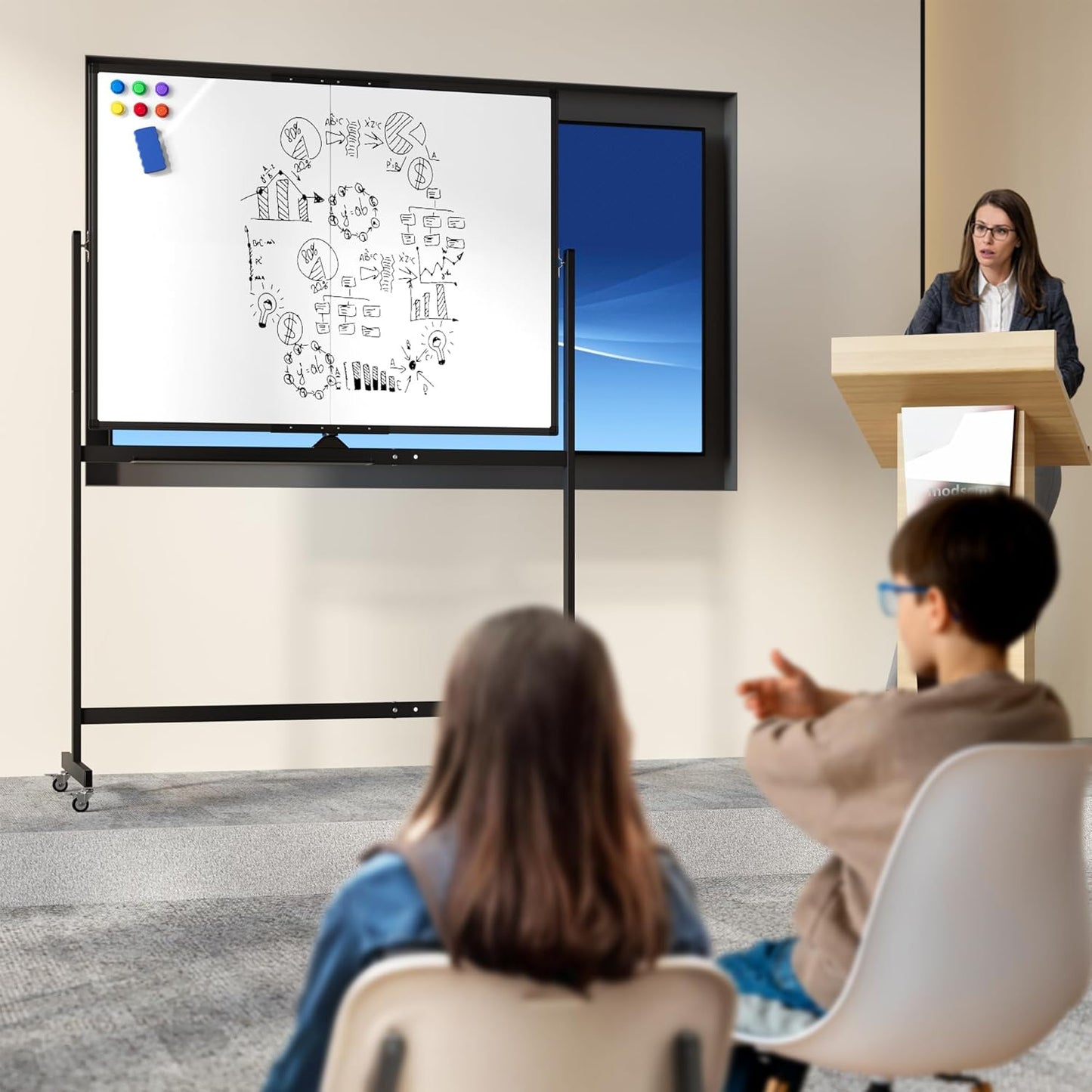 Large Rolling Whiteboard on Wheels, 48" x 36" Double-Sided Mobile White Board with Stand, 4' x 3' Portable Standing Magnetic Dry Erase Board Easel for Home Office Classroom School, Black