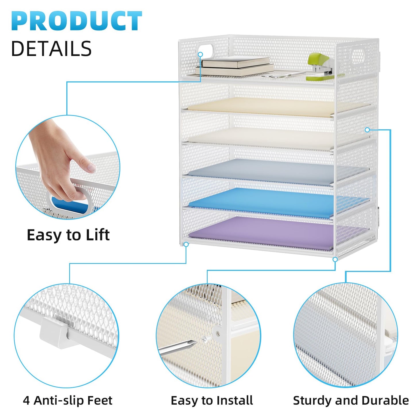 Marbrasse 2 Pack Desk Organizer with Handle, 6 Tier Paper Letter Tray, Mesh Desk File Organizer for Office, School and Home - Whtie