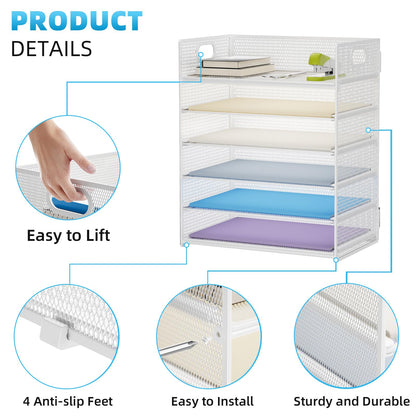 Marbrasse 6 Tier Paper Organizer Letter Tray - Mesh Desk File Organizer with Handle, Paper Sorter for Letter/A4 Office File Folder Holder - White