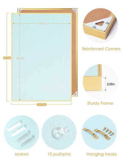 Lightomorrow Bulletin Board 30 x 20 inches, Light Blue Pin Board, Golden Aluminum Framed Fabric Cork Board with 10 Push Pins