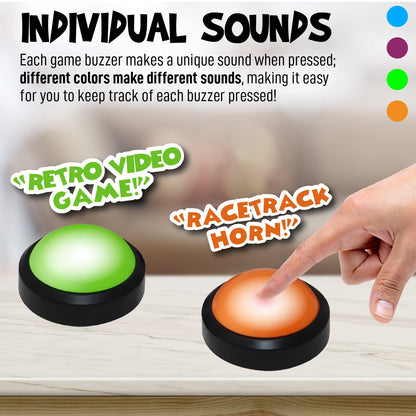 Teacher's Choice 4 Pack Light Up Game Buzzers with Unique Loud Sounds for Each Buzzer | Great for Trivia Games, Family Feud, Jeopardy, Competition, Spelling Bees and More