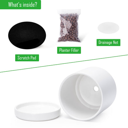 D'vine Dev 4.7 Inch & 6.5 Inch Ceramic Planter Pots for Plants with Drainage Hole and Saucer, Small Plant Pots Set, White, 94-G-S-1