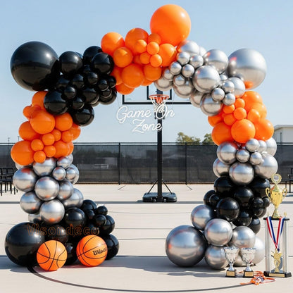 133pcs Orange Black Silver Balloons Garland for Halloween Decorations, Graduation, Basketball Theme Decorations, Party Backdrop, Birthday, Haunted House, Trick or Treat Party Supplies