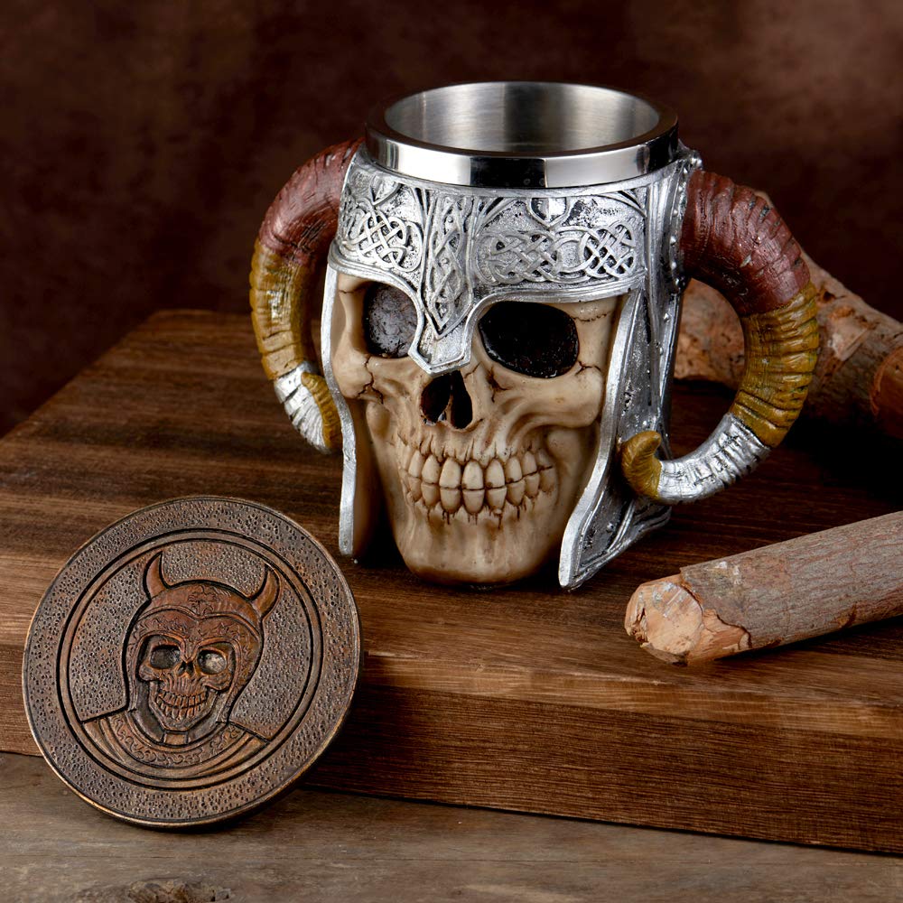 Stainless Steel Viking Skull Mug+Coaster,Double Handle Horn Skull Beer Mug Tankard, Medieval Drinkware Mug for Coffee/Beverage/Juice17oz.
