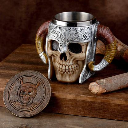 Stainless Steel Viking Skull Mug+Coaster,Double Handle Horn Skull Beer Mug Tankard, Medieval Drinkware Mug for Coffee/Beverage/Juice17oz.