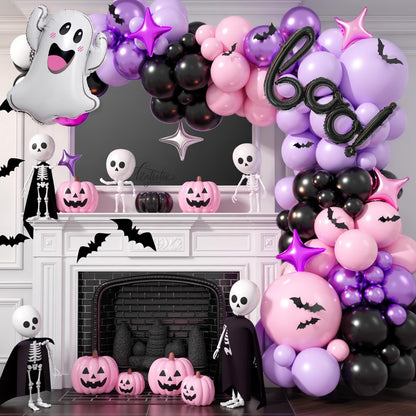 Halloween Balloon Arch Garland, Pink Purple Balloons with Star Cute Ghost Boo Foil Balloon, Metallic Purple Pink Black Latex Balloons Bat Stickers for Kids Girls Birthday Halloween Party Decorations