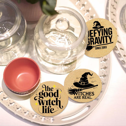 Cegkuc Coasters Witch for Drinks with Holder Set of 6, Wicked Cork Coaster Absorbent for Office Desk Cup Table Coasters Kitchen Decor House Warming Gifts for New Home Couples, Round 4"