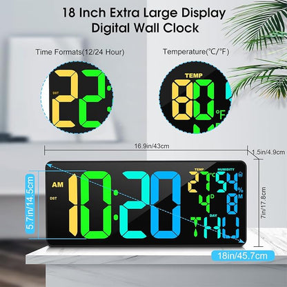 11 RGB Color Changes Large Digital Wall Clock/Bluetooth Auto Time Sync, Remote-Controlled Digital Wall Clock Large Display with Alarm/Timer Function, DST, Indoor Temperature/Humidity Display (18 inch)