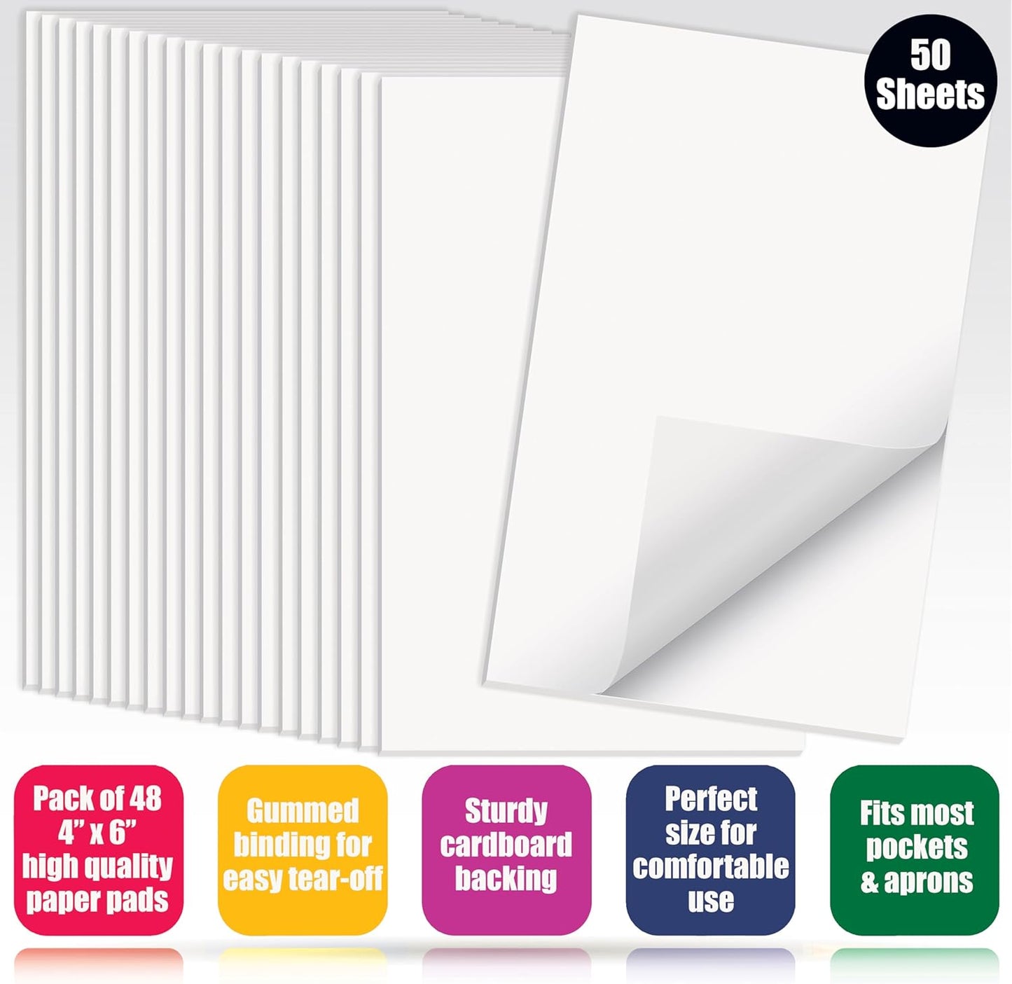 Better Office Products Blank Scratch Note Pads, 4" x 6" Pads, Server Notepads, 50 Sheets per Pad, Memo Pads, Gummed Binding for Easy Tear-off (48 Pack)