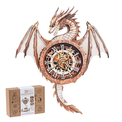 Rnfinewow 3D Puzzles for Adults, 3D Puzzle Dragon Clock Kit (with Pendulum), Wooden Puzzles for Adults Home Wall Decor Dragon Clock Christmas Day Puzzle Gifts for Men Women