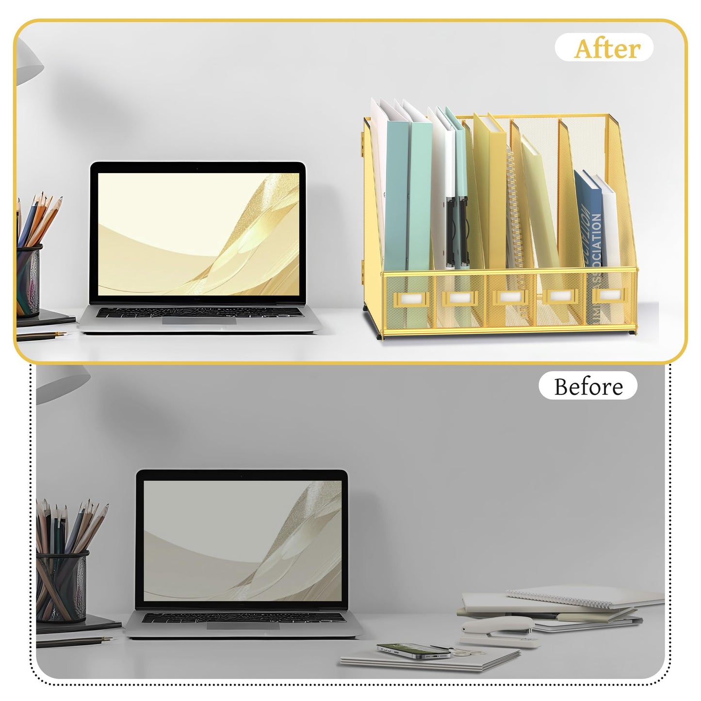 SUPEASY Desk Organizers Metal Desk Magazine File Holder with 5 Vertical Compartments Rack File Organizer for Office Desktop, Classroom, Home Workspace, Gold