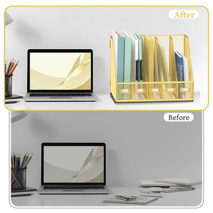 SUPEASY Desk Organizers Metal Desk Magazine File Holder with 5 Vertical Compartments Rack File Organizer for Office Desktop, Classroom, Home Workspace, Gold